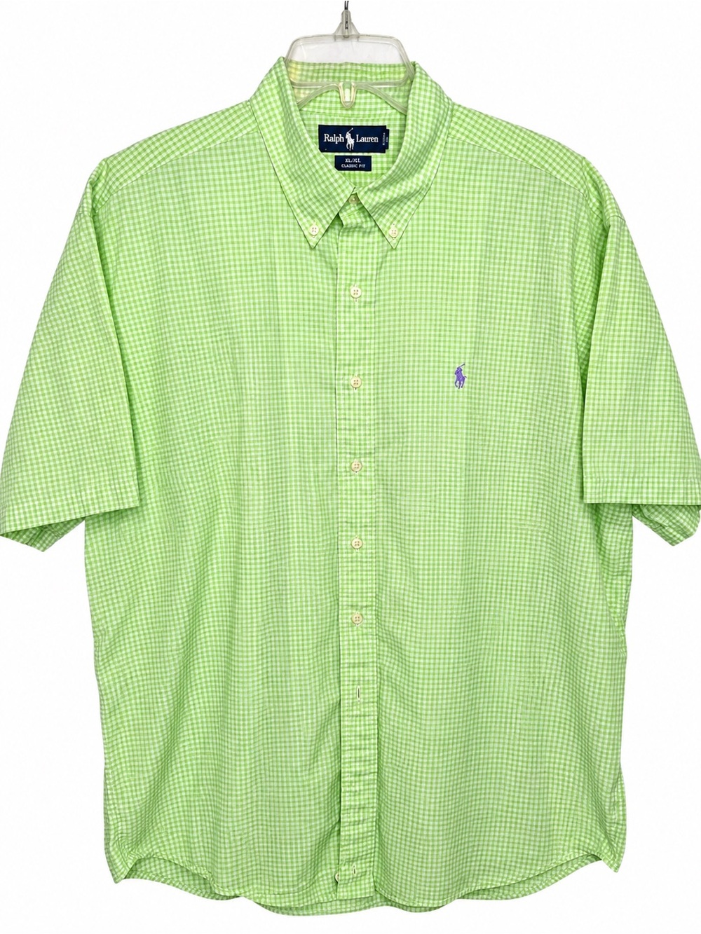Ralph Lauren Blake Men’s XL Green Gingham Check SS Button Down Purple Pony